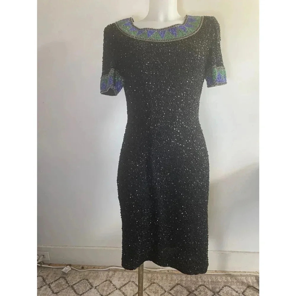 Vintage 80’s Niteline by Della Roufogali Beaded Sequin Black Cocktail Dress 0170